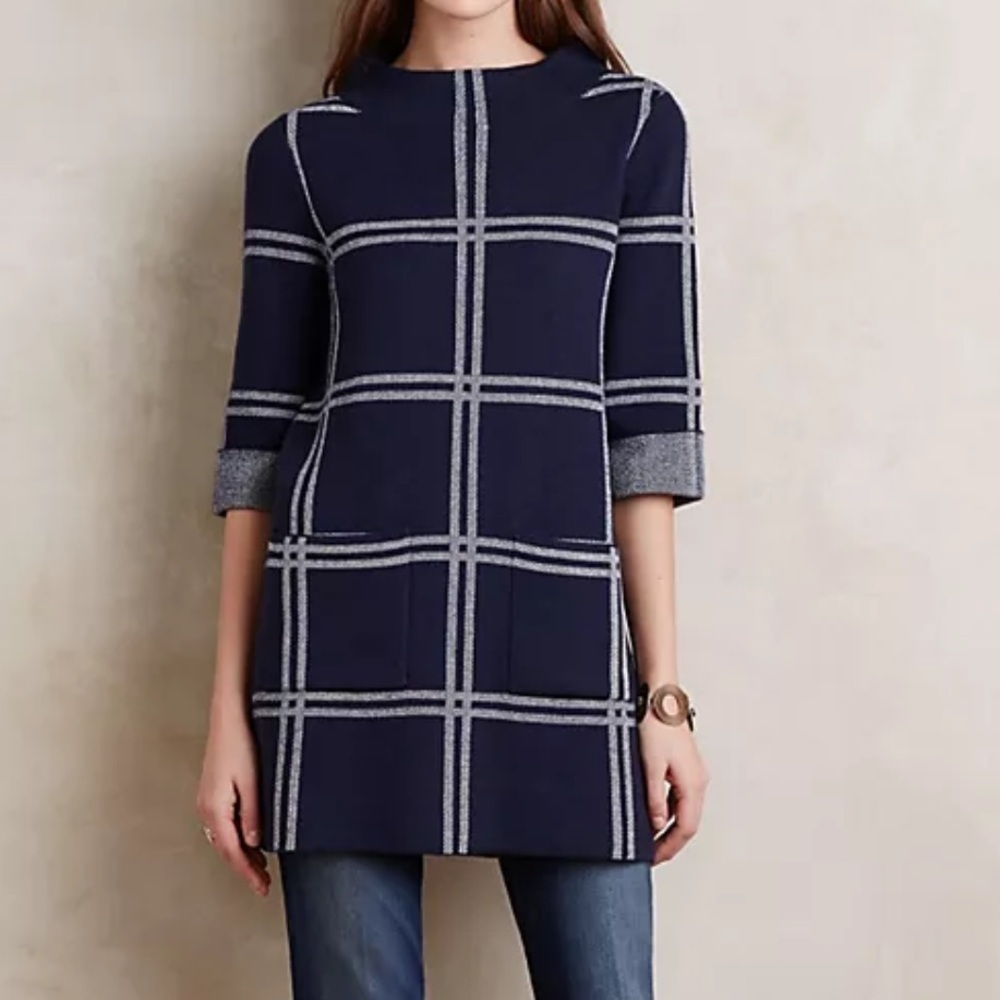 Anthropologie Moth Navy Wool Windowpane Print Mock Neck Cozy Sweater Size M